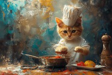 A Domestic Cat Donning A Chef Hat And Armed With A Spoon, Expertly Creates A Masterpiece In The Form Of A Mouth-watering Dish, Displaying Their Artistic Prowess In The Kitchen