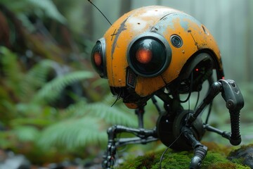 Wall Mural - An arthropod-inspired robot with striking yellow legs and large, insect-like eyes stands confidently in the outdoor setting, evoking a sense of curiosity and wonder at its unique design