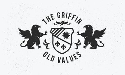 Wall Mural - Heraldic Griffin logo, poster. Medieval trendy logo with Heraldic Griffin and vintage shield. Vector emblem template.