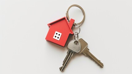 House key pair with red house shaped keyring isolated on white background.