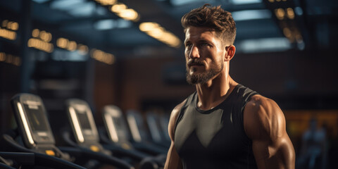 Portrait of a handsome young man in sportswear at the gym A man in athletic attire energetically runs on a treadmill in a well-equipped gym.