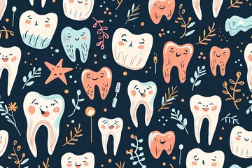 Wall Mural - Funny seamless images of small and large teeth and everything related to dentistry, dental care concept and international dentist day celebration