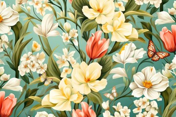  Watercolor seamless Illustration of spring flowers with various types of flowers, concept of the arrival and onset of spring. Concept for wrapped cover paper