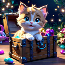 Cute Kitten Sitting In A Treasure Chest Surrounded By Enchanted Creatures, Children's 3D Animation, Magical Atmosphere Of A Children's Party,
