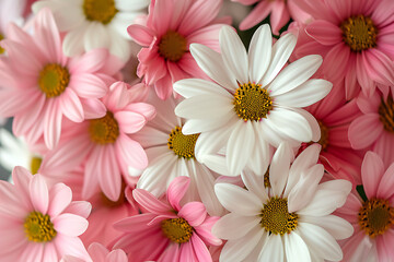 Wall Mural - close up of a vase of pink and white daisies in