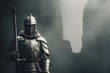 Handsome noble medieval knight in armor with a raised sword in haze. Copy space