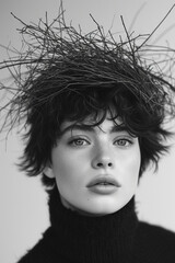 Poster - A contemporary fashion design incorporating burdock-inspired textures in a monochrome, urban palette,
