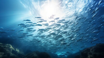 Beautiful image of big fish school swimming under the sun beam in the Mediterranean Sea, at the Ikaria island