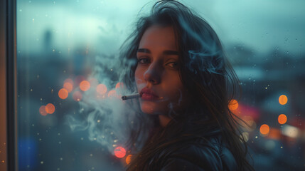 A young woman stood at the edge of the window, she held a lit cigarette gracefully, the rising smoke formed a thin line in the air, Ai generated Images
