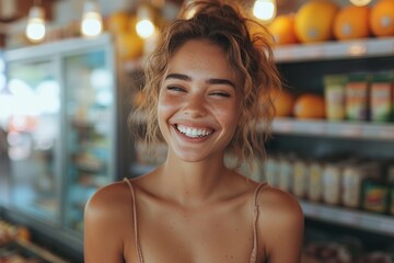 Wall Mural - A young woman stands confidently in a store, her face radiating a warm smile as she peruses the shelves of stylish clothing