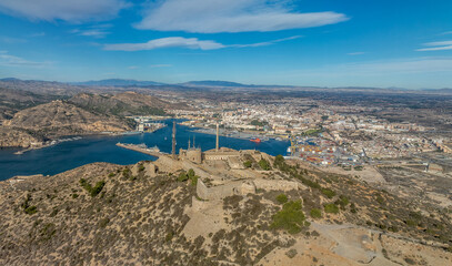 Sticker - Aerial view of Saint Julian fort protecting the entrance to the port of Cartagena part of the defensive ring of the naval port with gun tower, bastion