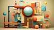 abstract illustration of wooden colorful geometrical forms and shapes with cubes and spheres on different levels