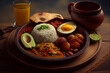 Bandeja paisa, typical dish at the Antioqueña region of Colombia. It consists of chicharrón (fried pork belly), black pudding, sausage, arepa, beans, fried plantain, avocado egg, and rice