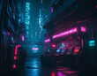 Cyberpunk landscape of city streets with neon light. Image generated by artificial intelligence, ai. The concept of retro futurism, high technology and low standard of living.