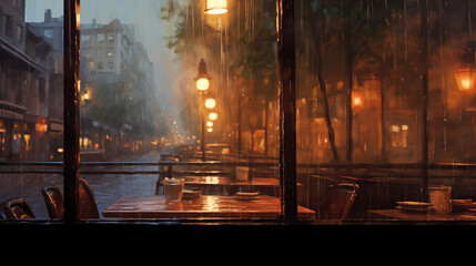 Wall Mural - Rain in the city. Cafe in the evening during the rain. Painting, illustration