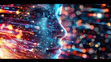 
An Illustration Portraying A Human Face Composed Of Vibrant, Mosaic-like Digital Pixels, Set Against A Backdrop Of Glowing Digital Data Streams.