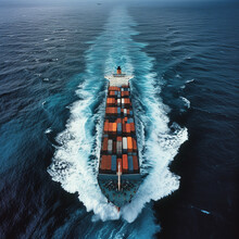 Picture An Aerial View Of A Large Container Ship Navigating Through The Open Sea, Its Path Marked By The Gentle Swell Of Waves The Contrast Of The Ship's Steel Gray Against The Ocean's Deep Blu