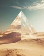 Triangular pyramid in the desert in the middle of the desert  against blue sky. Surreal desert landscape with a mirage of a crystal-clear oasis that deceives the viewer. 