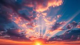 Fototapeta Na sufit - Sunset sky with sun rays and sunset clouds