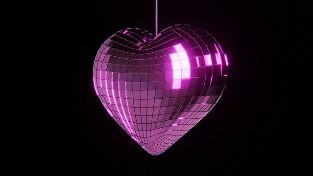 Abstract 3D heart shape shiny disco ball retro wallpaper. Nightclub Valentine's festive event computer graphics 4K background