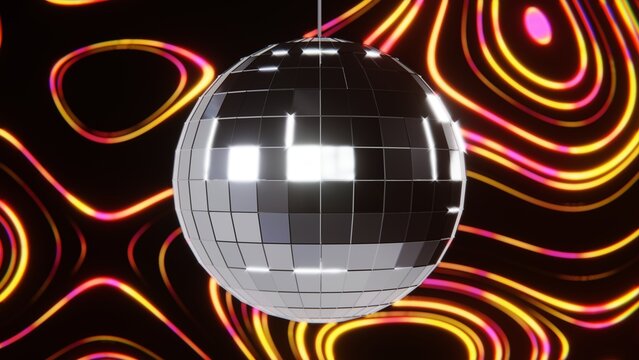 Abstract 3D sparkling disco ball retro background with neon groovy colourful gradient rainbow lines. Nightclub computer graphics 4K wallpaper
