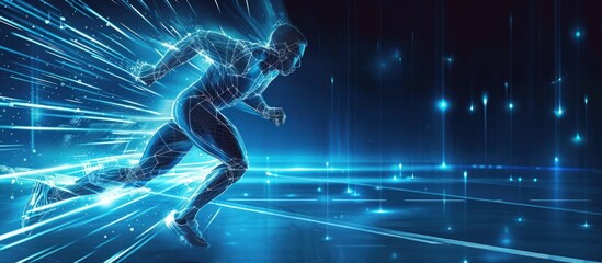 Wall Mural - Human running man athlete with digital wireframe neon light background. AI generated image