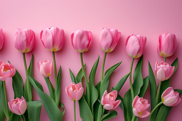 Wall Mural - pink tulips on pink background top view in