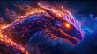 Illustration fantasy Fiery dragon in neon color in the dark sky. AI generated image