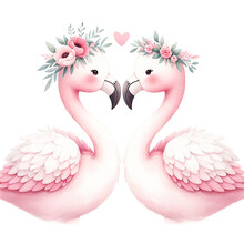 Flamingo Pair With Floral Headbands Loving Illustration