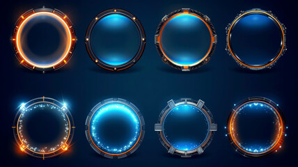 Glowing round frames in game style set of rings