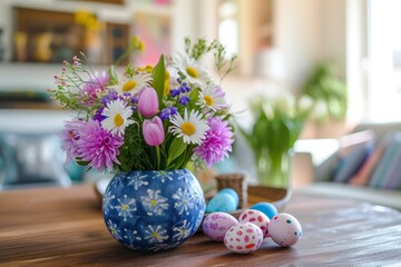 Wall Mural - Vibrant Floral Display And Cheerful Easter Eggs Embellish Living Room Table