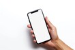 © Matthew - hand holds a phone with a white screen, isolated on a white background. Smartphone mockup