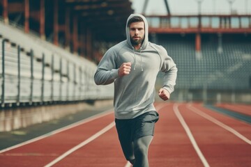 Sticker - Fit Man In Grey Hoodie Jogging Outdoors, Improving Cardio At Sports Stadium