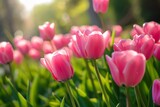 Fototapeta Tulipany - Charming Spring Scene: Vibrant Pink Tulips Blossom Serenely In The Sundrenched Park