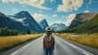 adventurous traveler man with a backpack and hat standing on a highway, surrounded by green meadow and majestic mountains, travel, outdoor exploration, and journey