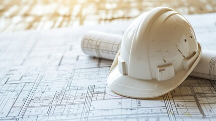 a white construction helmet tilts over a rolled-up blueprint, resting atop a flat blueprint