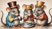 Tree Mice In A Kitchen Drinking Tea, Fairy Tale Illustration 