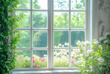 White Tall Window Sill With Spring Garden On Background