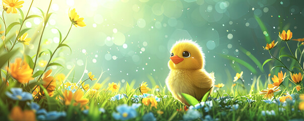 Wall Mural - spring illustration with little yellow chick on the meadow background, green colors 