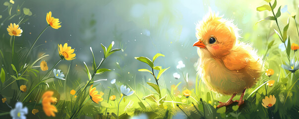 Wall Mural - Illustration of spring featuring a small yellow chick against a meadow backdrop.