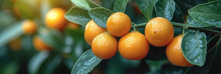 Poster - Kumquats foliage and oval fruits on kumquat tree. Many ripe kumquat fruits.