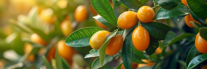 Poster - Fortunella margarita Kumquats cumquats foliage and oval fruits in sunny garden