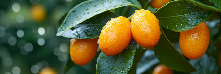 Poster - Fortunella margarita Kumquats foliage and oval fruits on kumquat tree, close up