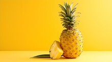 Fresh Ripe Pineapple On A Vibrant Yellow Background. Minimalist Food Photography. Perfect For Healthy Lifestyle Promotion. Summer, Tropical Fruit Concept. AI