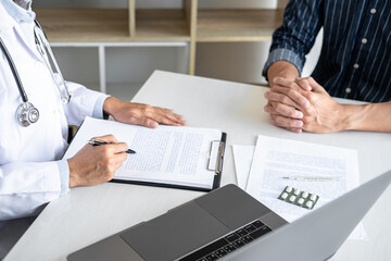 Wall Mural - Doctor presenting report of diagnosis, symptom of disease and recommend something a method with patient treatment, after results about the problem illness of patient