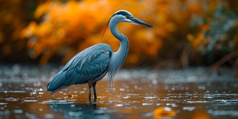 Wall Mural - Majestic heron stands in tranquil waters amidst autumn foliage. perfect for wildlife themes. captivating nature scene. serene bird photography. AI