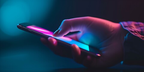 Aufkleber - close-up of a hand holding a smartphone in dim light, showcasing modern communication. technology da