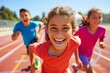 Joyful children on an athletic track A lively and heartwarming scene of youth and energy An image of health and activity