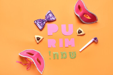 Wall Mural - Composition with text HAPPY PURIM, carnival masks and Hamantaschen cookies on color background