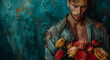 Pensive man with a bouquet of peach roses, moody aesthetic for introspective themes or mental health awareness. Great for website backgrounds, editorial pieces, or wellness blogs.